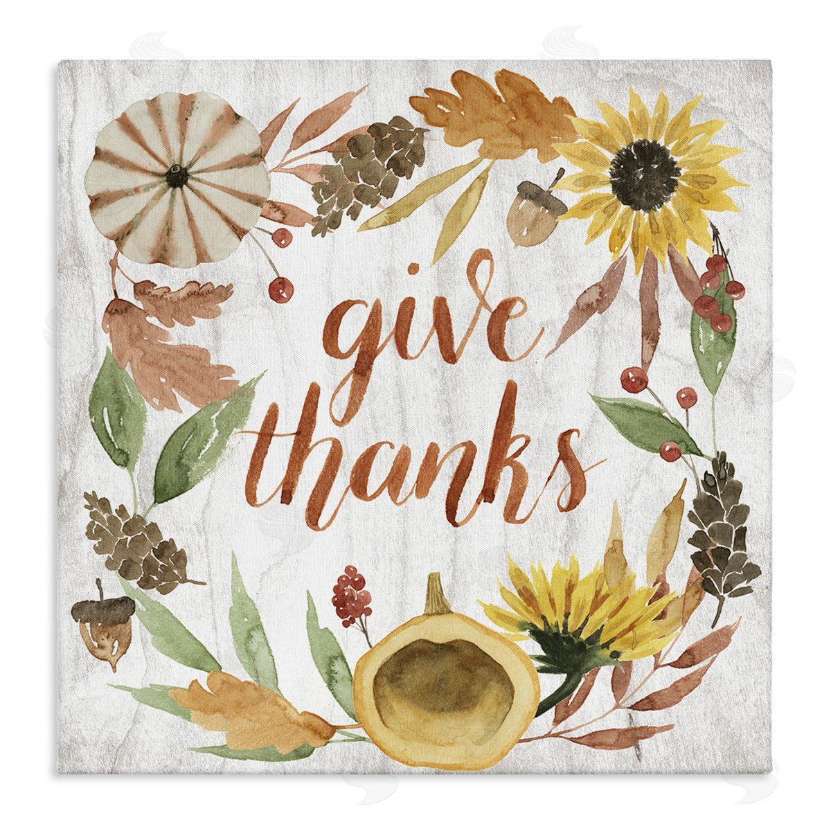 Grace Popp Give Thanks Whimsical Typography Harvest Foliage Canvas Wall Art