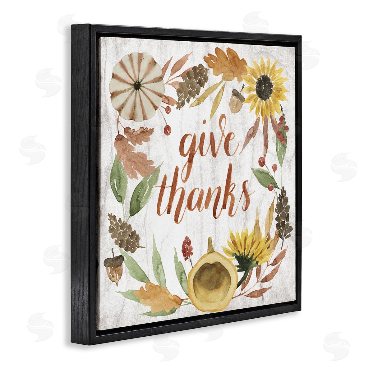 Grace Popp Give Thanks Whimsical Typography Harvest Foliage Black Floater Frame Canvas Art