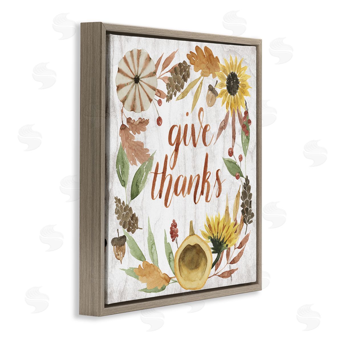 Grace Popp Give Thanks Whimsical Typography Harvest Foliage Brown Floater Frame Canvas Art