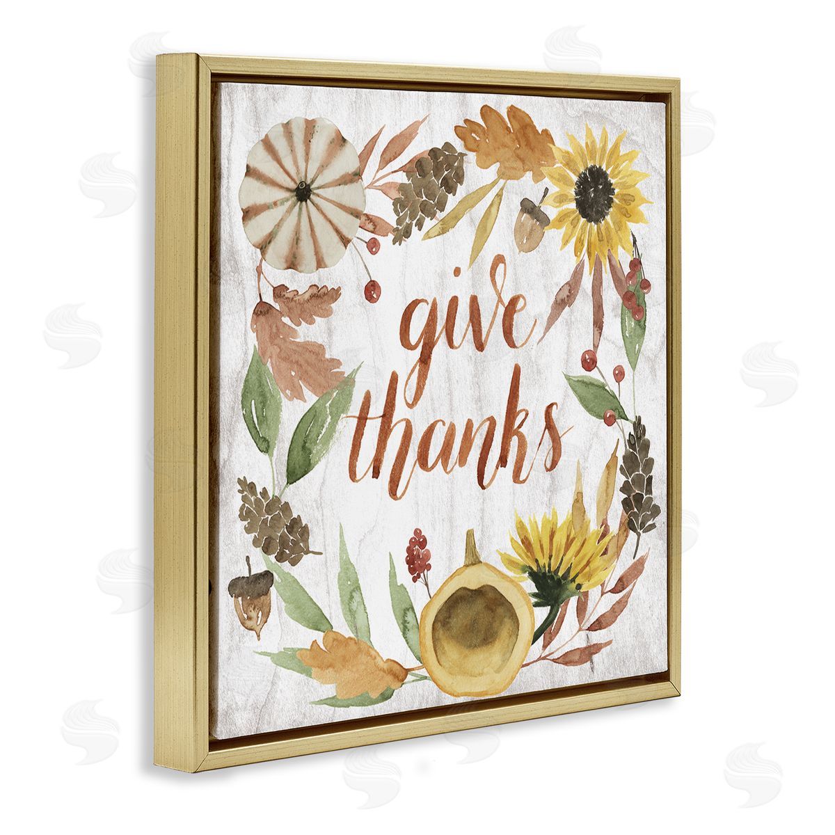 Grace Popp Give Thanks Whimsical Typography Harvest Foliage Gold Floater Frame Canvas Art