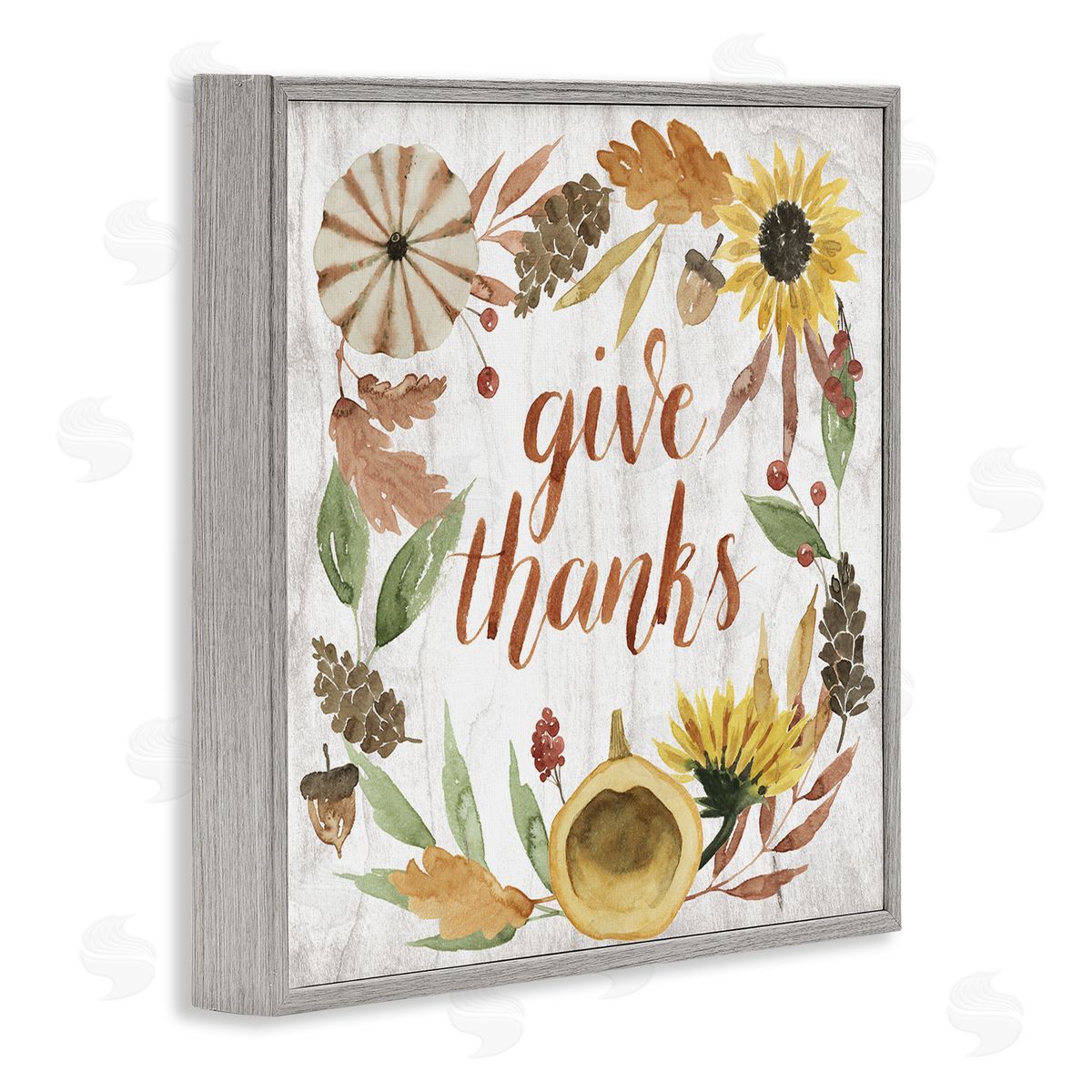 Grace Popp Give Thanks Whimsical Typography Harvest Foliage Gray Framed Giclee Wall Art