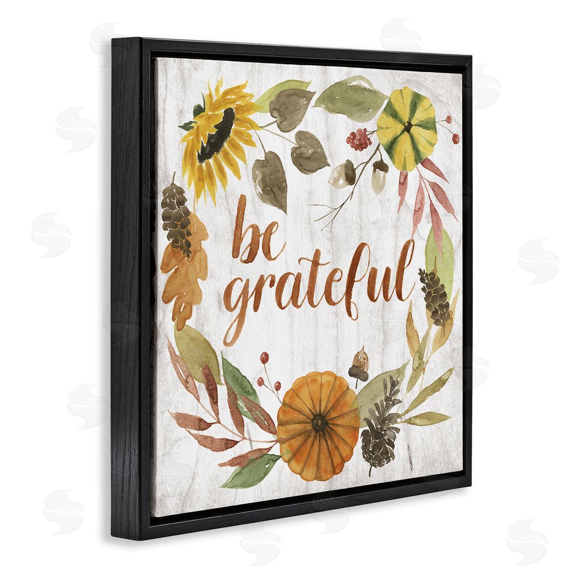 Grace Popp Be Thankful Whimsical Text Autumn Foliage Black Floater Frame Canvas Art