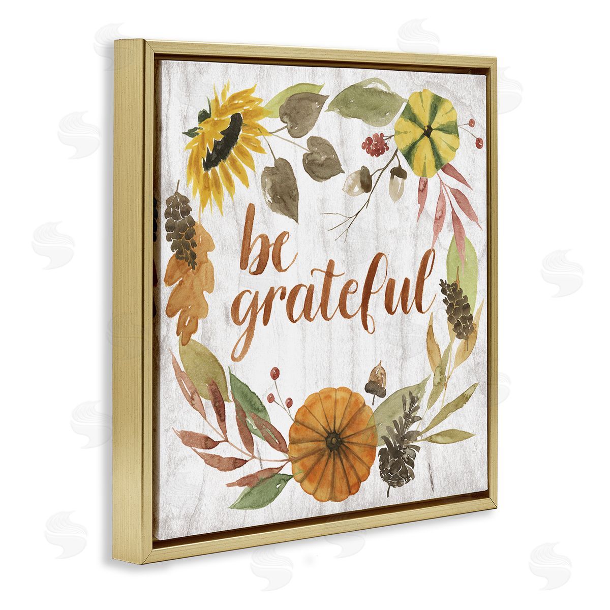 Grace Popp Be Thankful Whimsical Text Autumn Foliage Gold Floater Frame Canvas Art