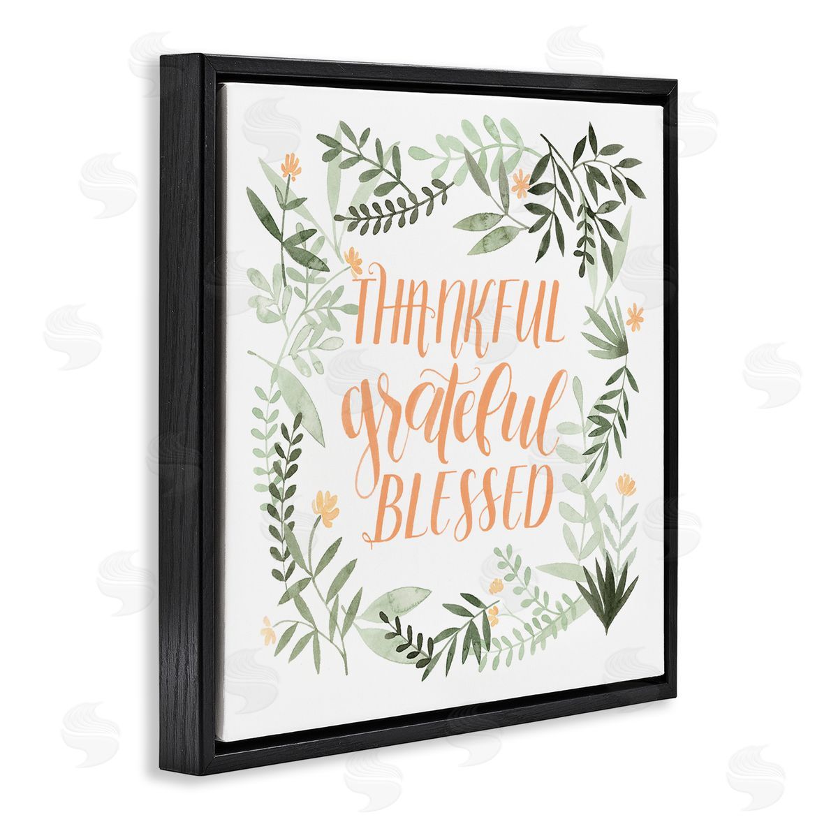 Grace Popp Thankful Grateful Blessed Phrase Soft Green Floral Plants Black Floater Frame Canvas Art