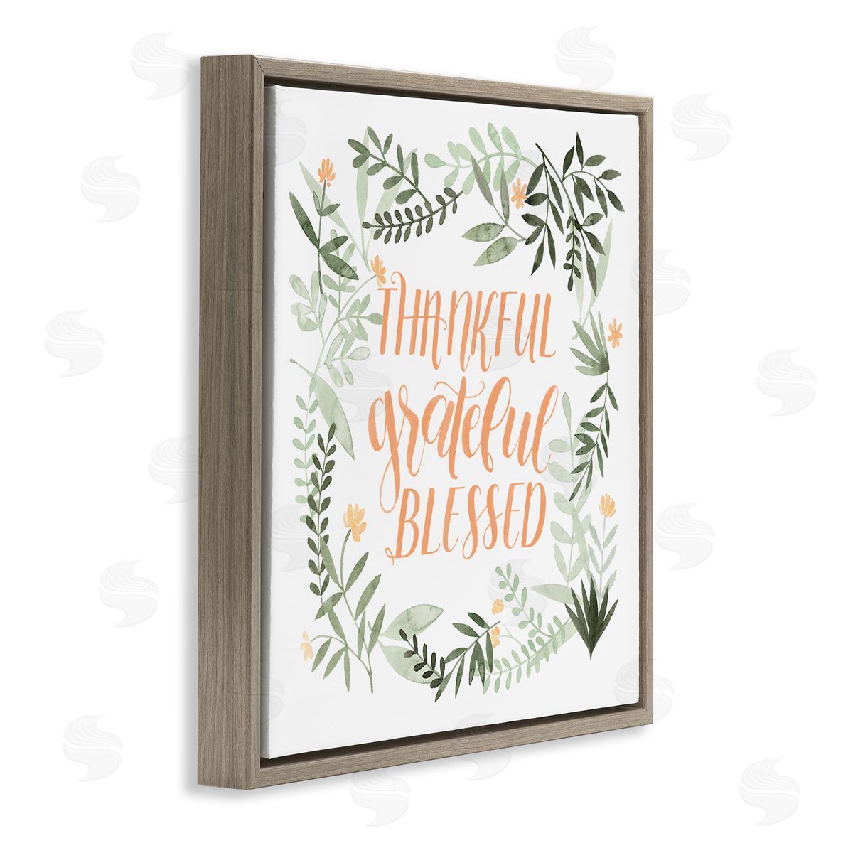 Grace Popp Thankful Grateful Blessed Phrase Soft Green Floral Plants Brown Floater Frame Canvas Art