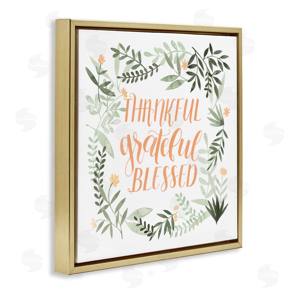 Grace Popp Thankful Grateful Blessed Phrase Soft Green Floral Plants Gold Floater Frame Canvas Art