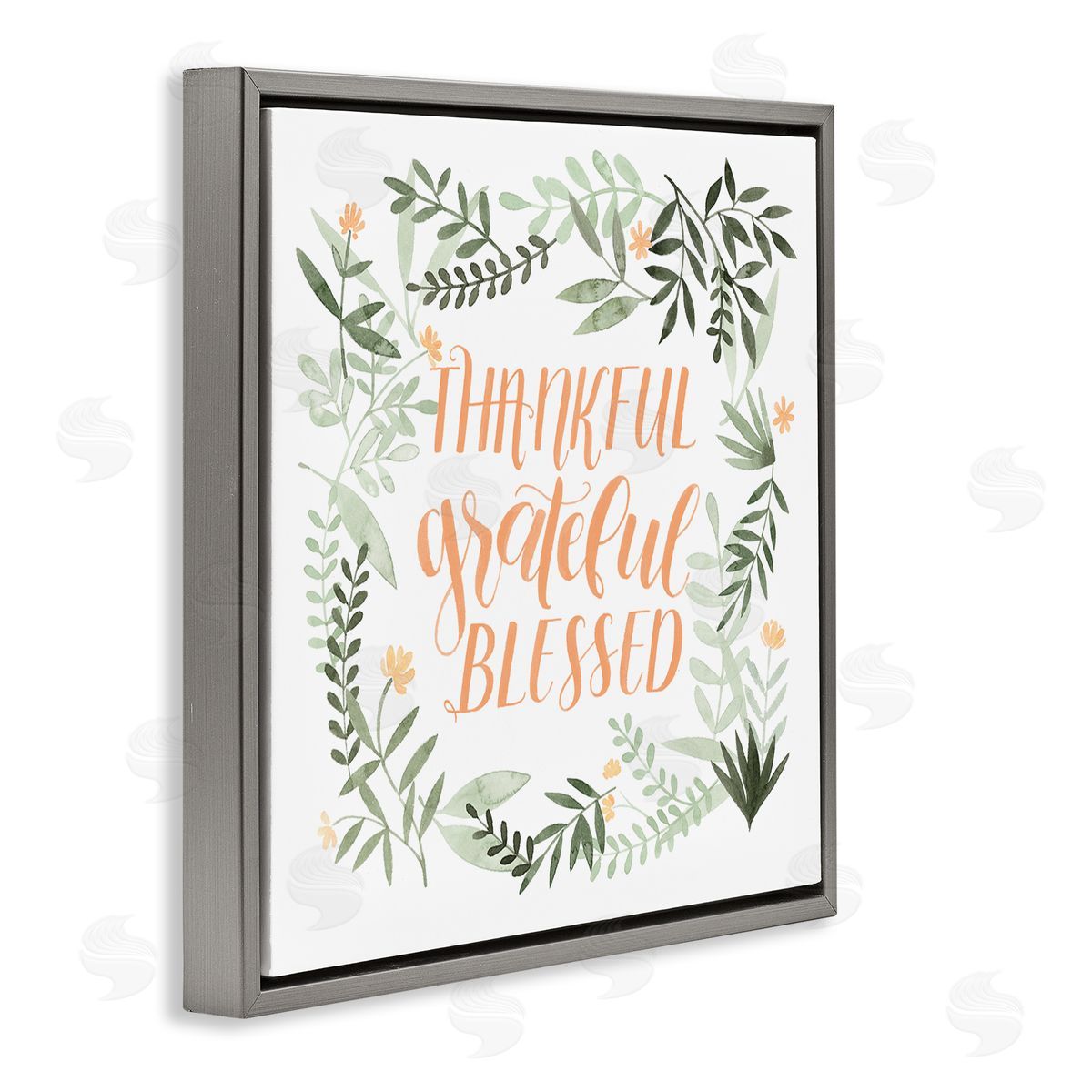 Grace Popp Thankful Grateful Blessed Phrase Soft Green Floral Plants Gray Floater Frame Canvas Art