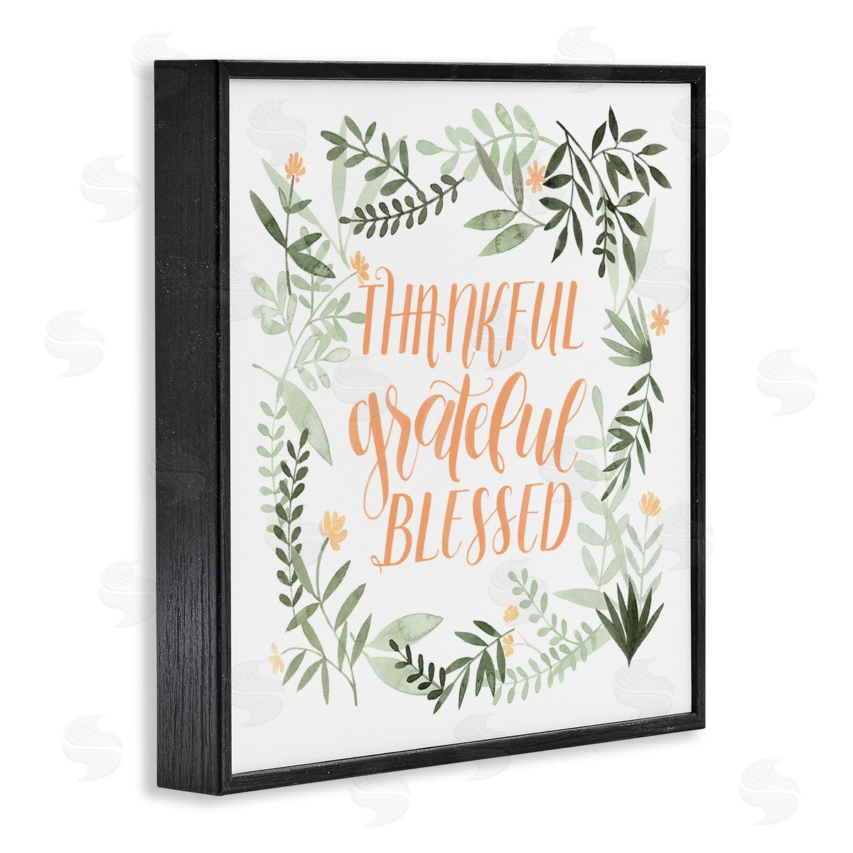 Grace Popp Thankful Grateful Blessed Phrase Soft Green Floral Plants Black Framed Giclee Wall Art