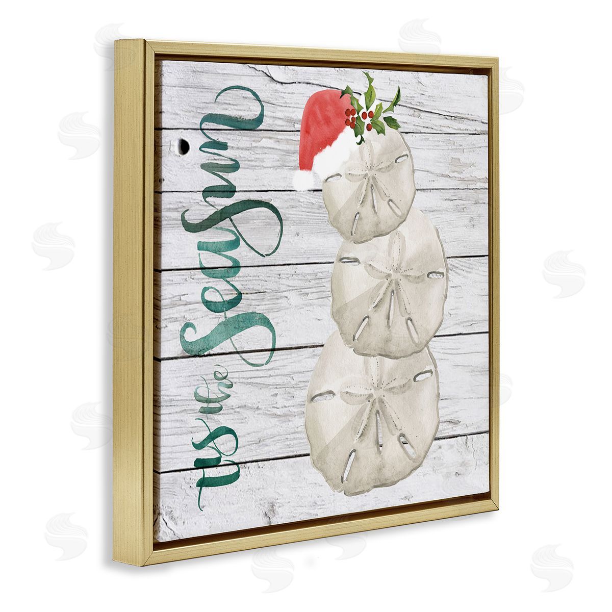 Jennifer Paxton Parker Tis the Sea Sun Phrase Christmas Sand Dollars Gold Floater Frame Canvas Art