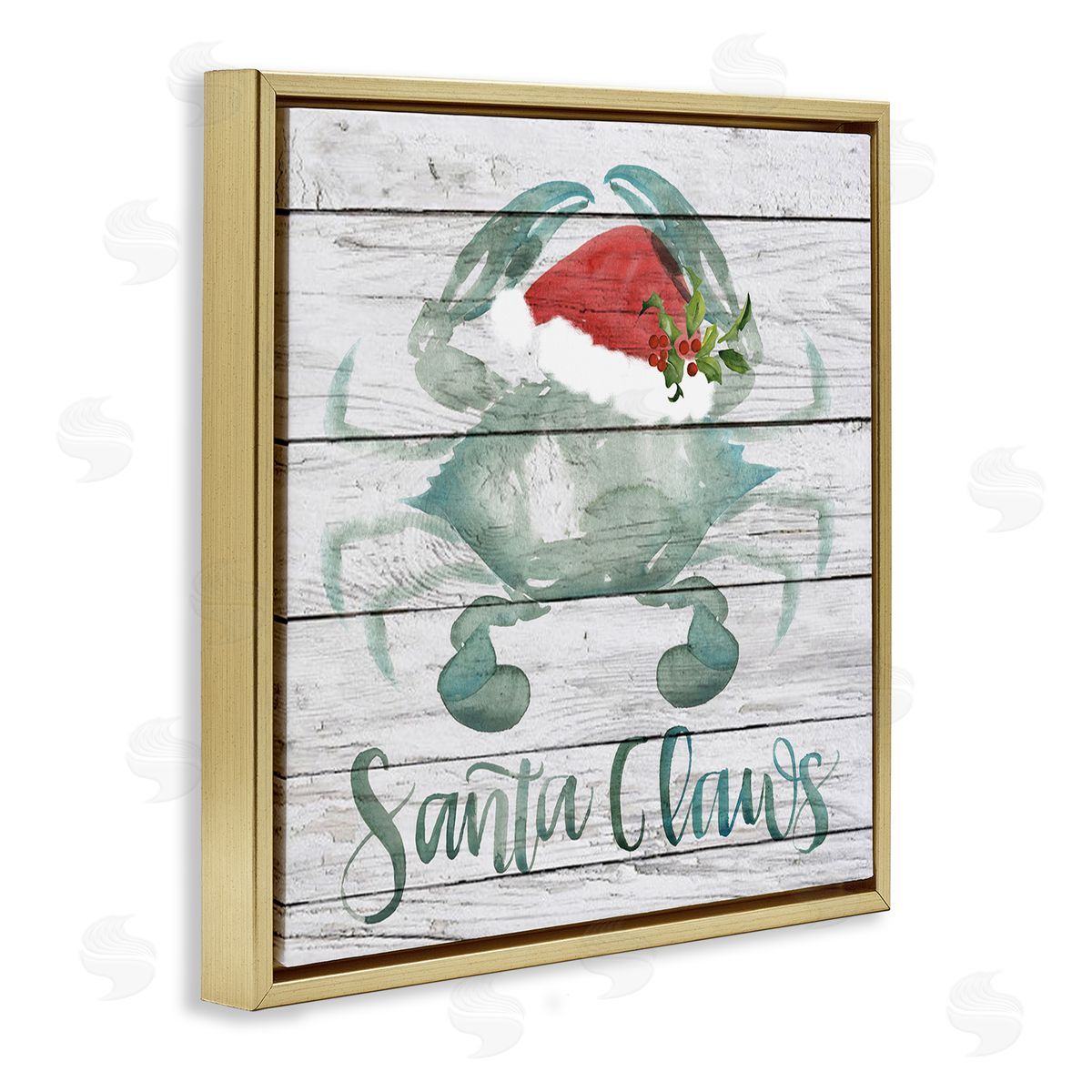 Blue Crab Nautical Christmas Pun Gold Floating Frame Canvas Wall Art, Home Decor by Jennifer Paxton Parker