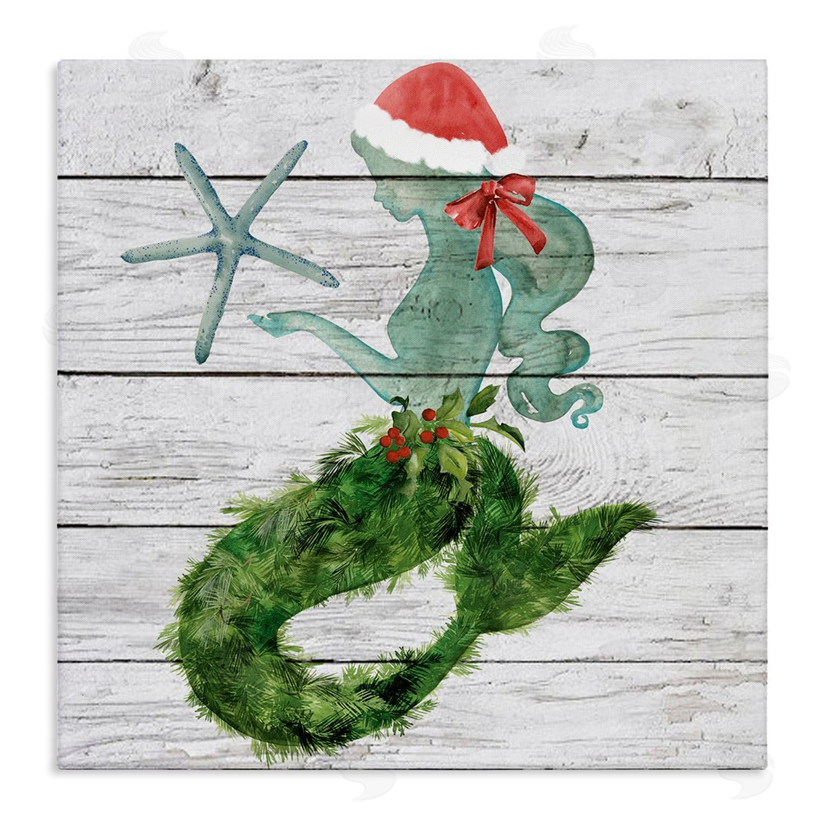 Christmas Mermaid & Winter Holly Canvas Wall Art, Home Decor by Jennifer Paxton Parker