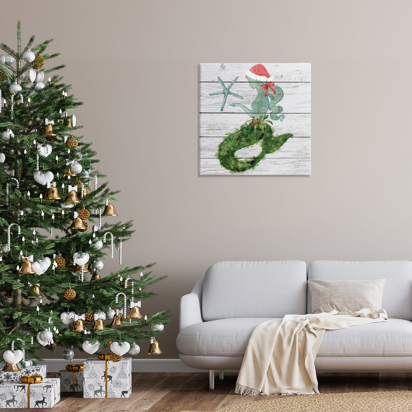 Christmas Mermaid & Winter Holly Canvas Wall Art in Room, Home Decor by Jennifer Paxton Parker