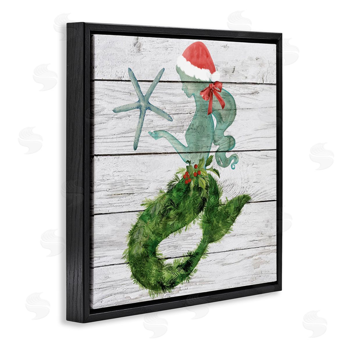 Christmas Mermaid & Winter Holly Black Floating Frame Canvas Wall Art, Home Decor by Jennifer Paxton Parker