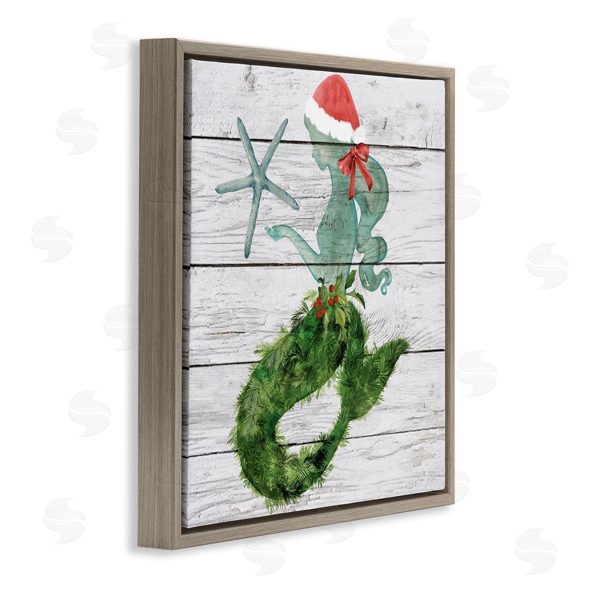 Christmas Mermaid & Winter Holly Brown Floating Frame Canvas Wall Art, Home Decor by Jennifer Paxton Parker
