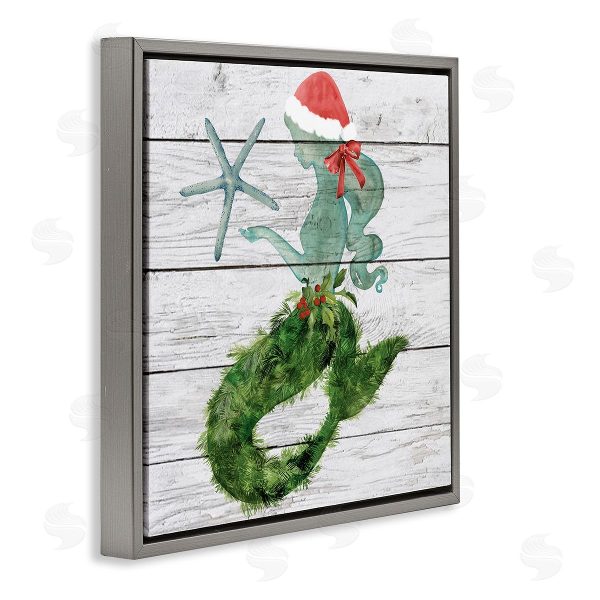 Christmas Mermaid & Winter Holly Grey Floating Frame Canvas Wall Art, Home Decor by Jennifer Paxton Parker