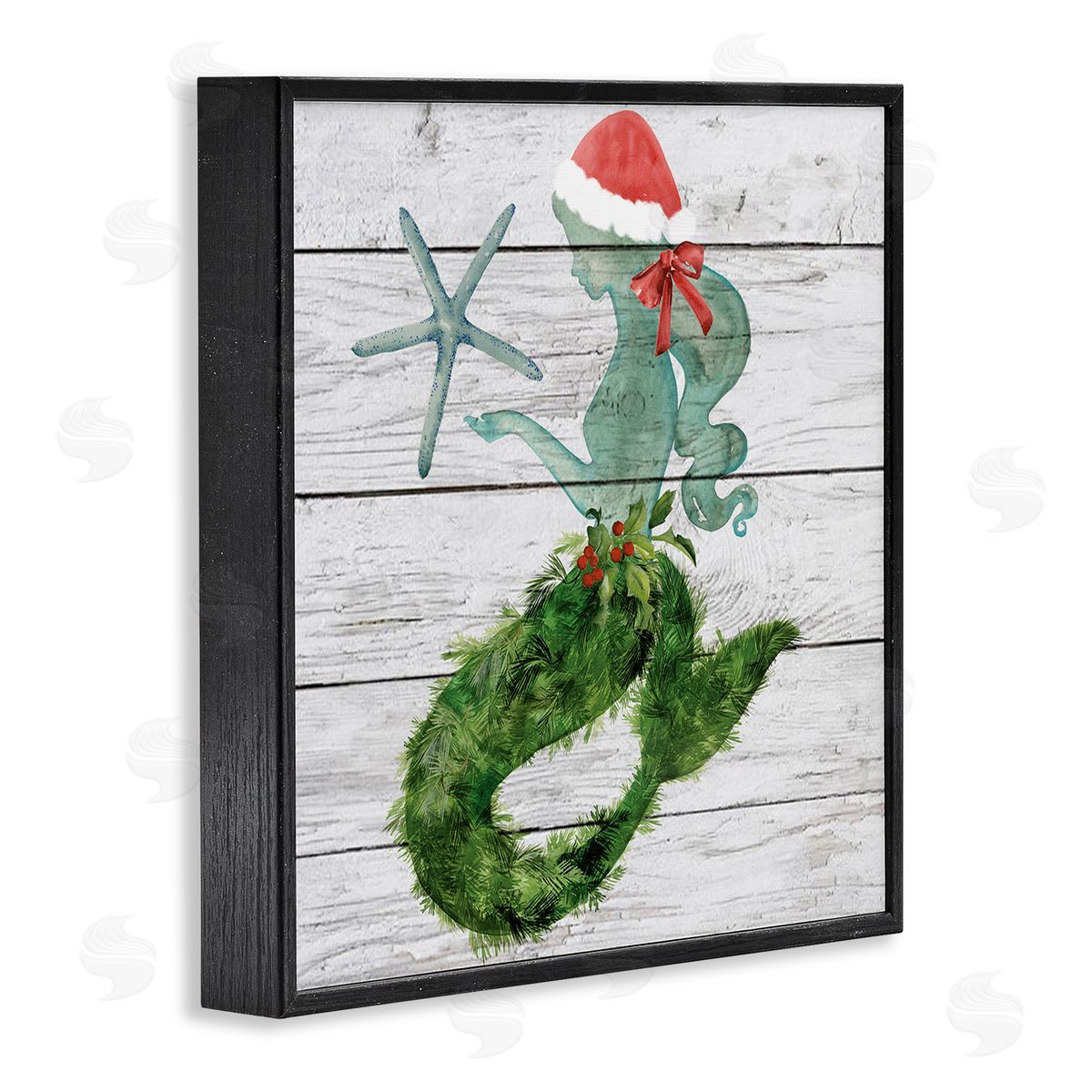 Christmas Mermaid & Winter Holly Black Frame Print Wall Art, Home Decor by Jennifer Paxton Parker