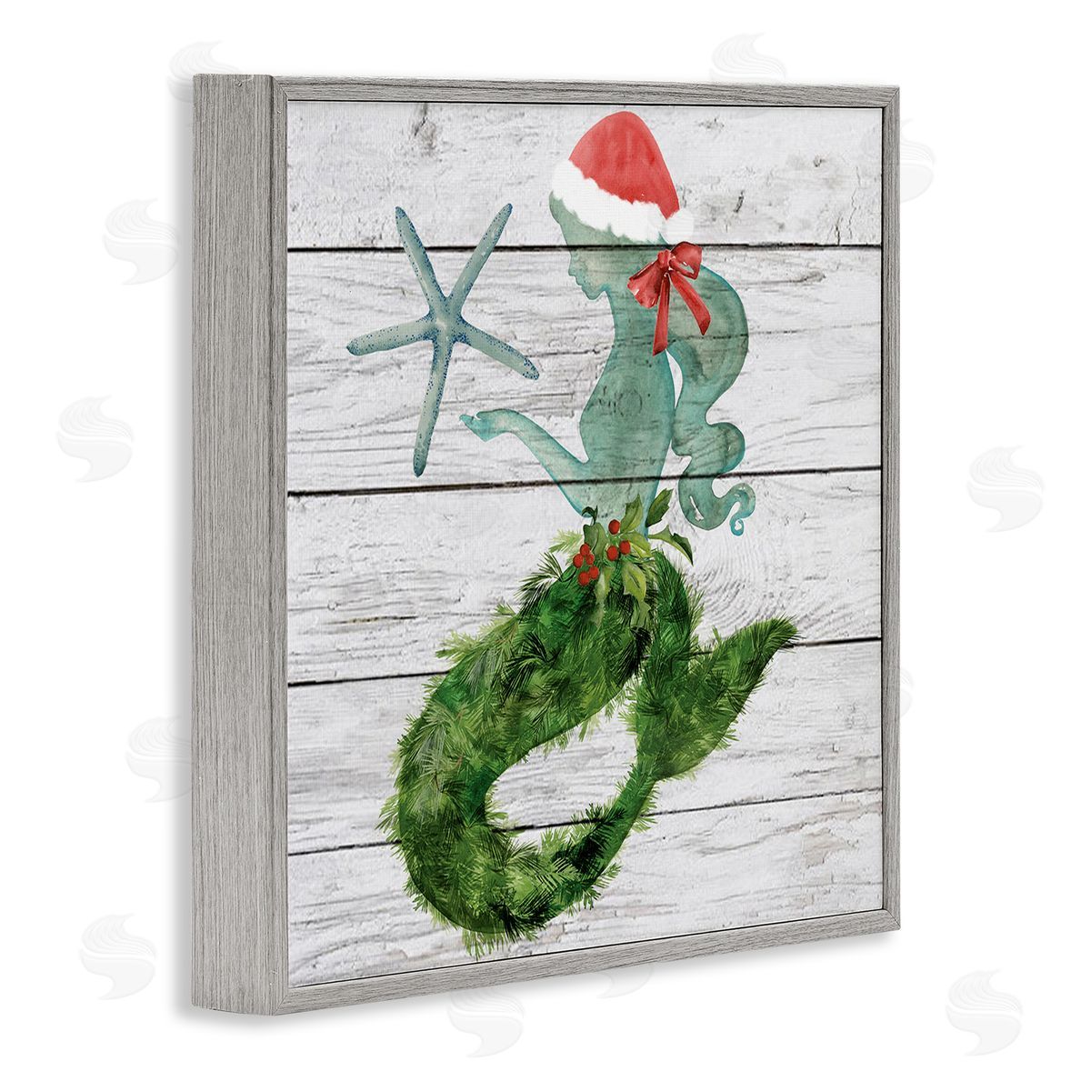 Christmas Mermaid & Winter Holly Grey Frame Print Wall Art, Home Decor by Jennifer Paxton Parker
