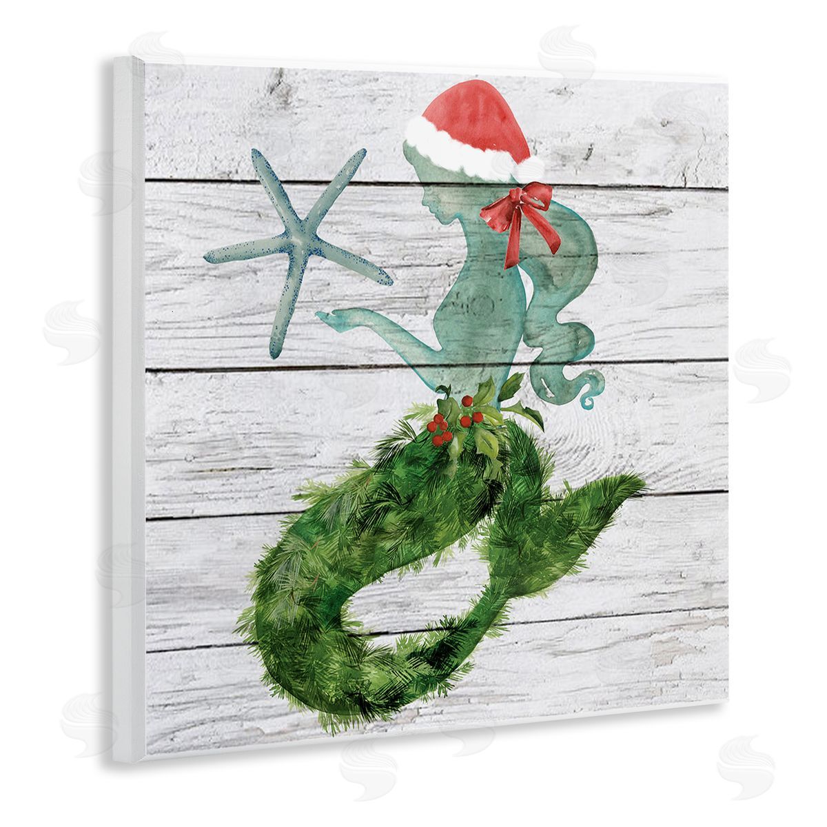 Christmas Mermaid & Winter Holly Wood Plaque Wall Art, Home Decor by Jennifer Paxton Parker