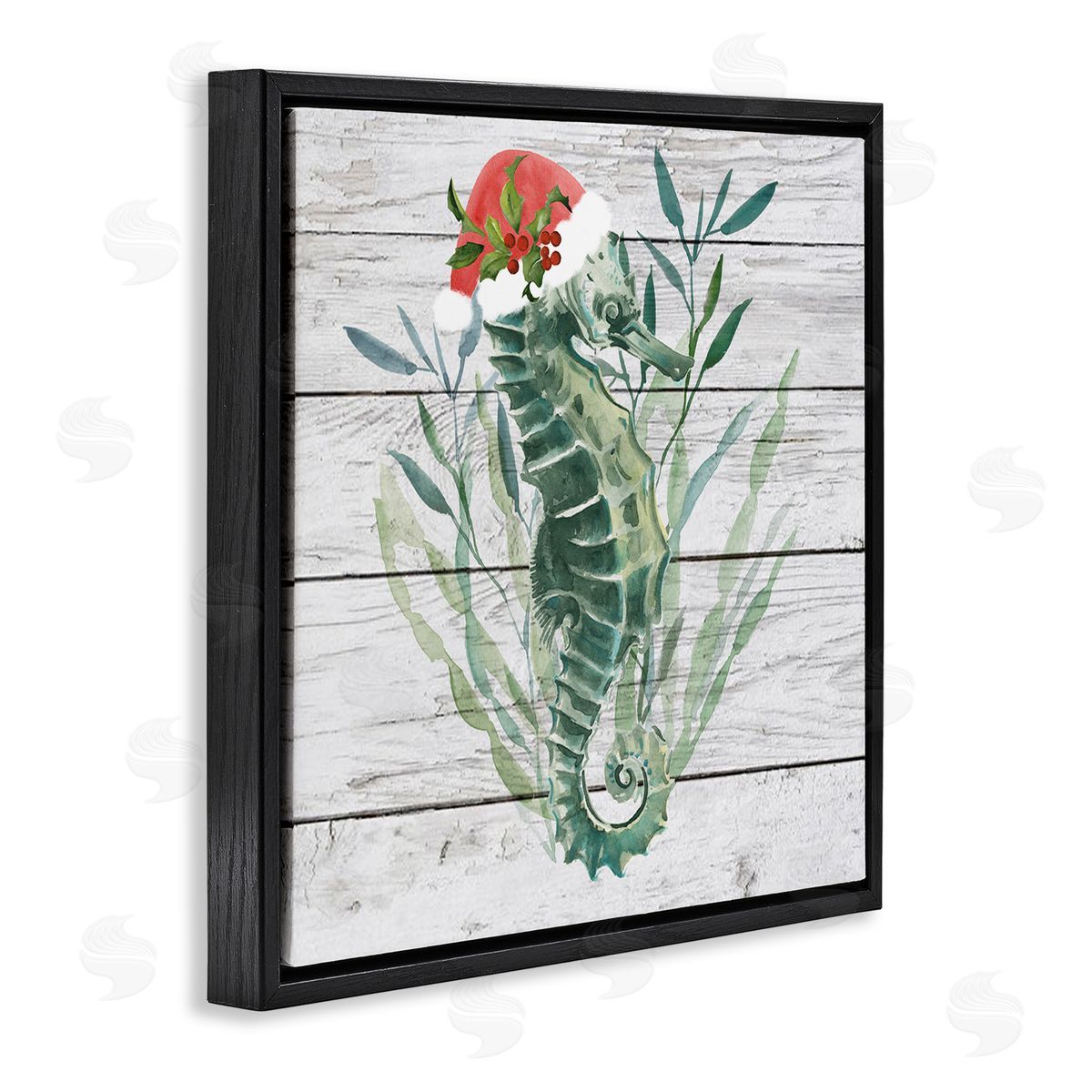 Christmas Seahorse with Santa Hat Black Floating Frame Canvas Wall Art, Home Decor by Jennifer Paxton Parker