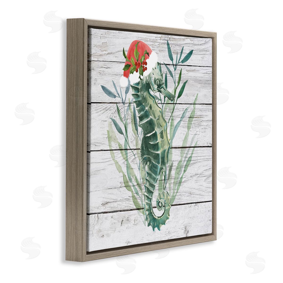 Christmas Seahorse with Santa Hat Brown Floating Frame Canvas Wall Art, Home Decor by Jennifer Paxton Parker