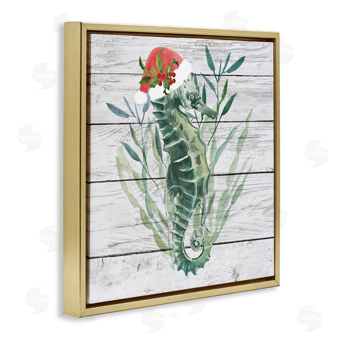 Christmas Seahorse with Santa Hat Gold Floating Frame Canvas Wall Art, Home Decor by Jennifer Paxton Parker