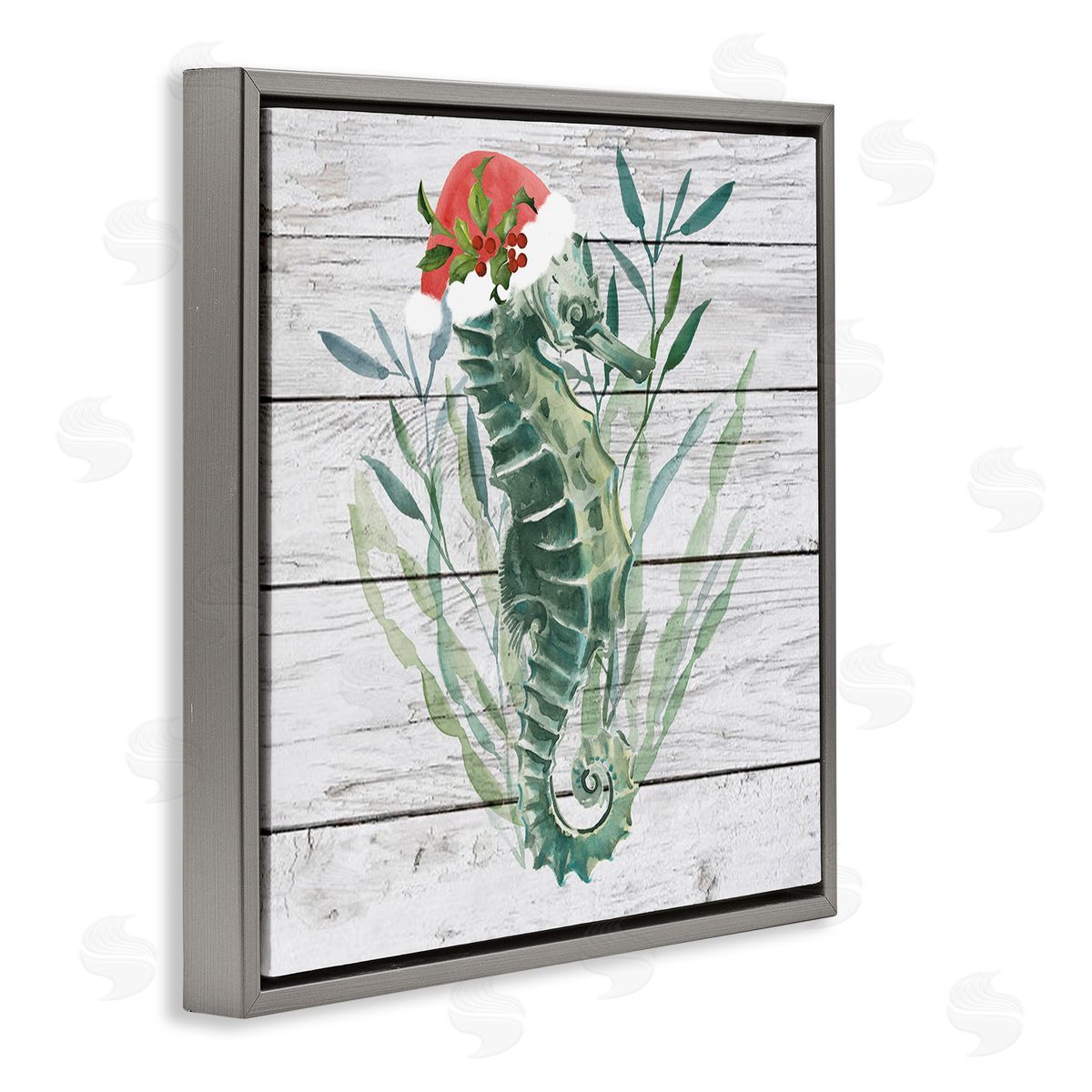 Christmas Seahorse with Santa Hat Grey Floating Frame Canvas Wall Art, Home Decor by Jennifer Paxton Parker