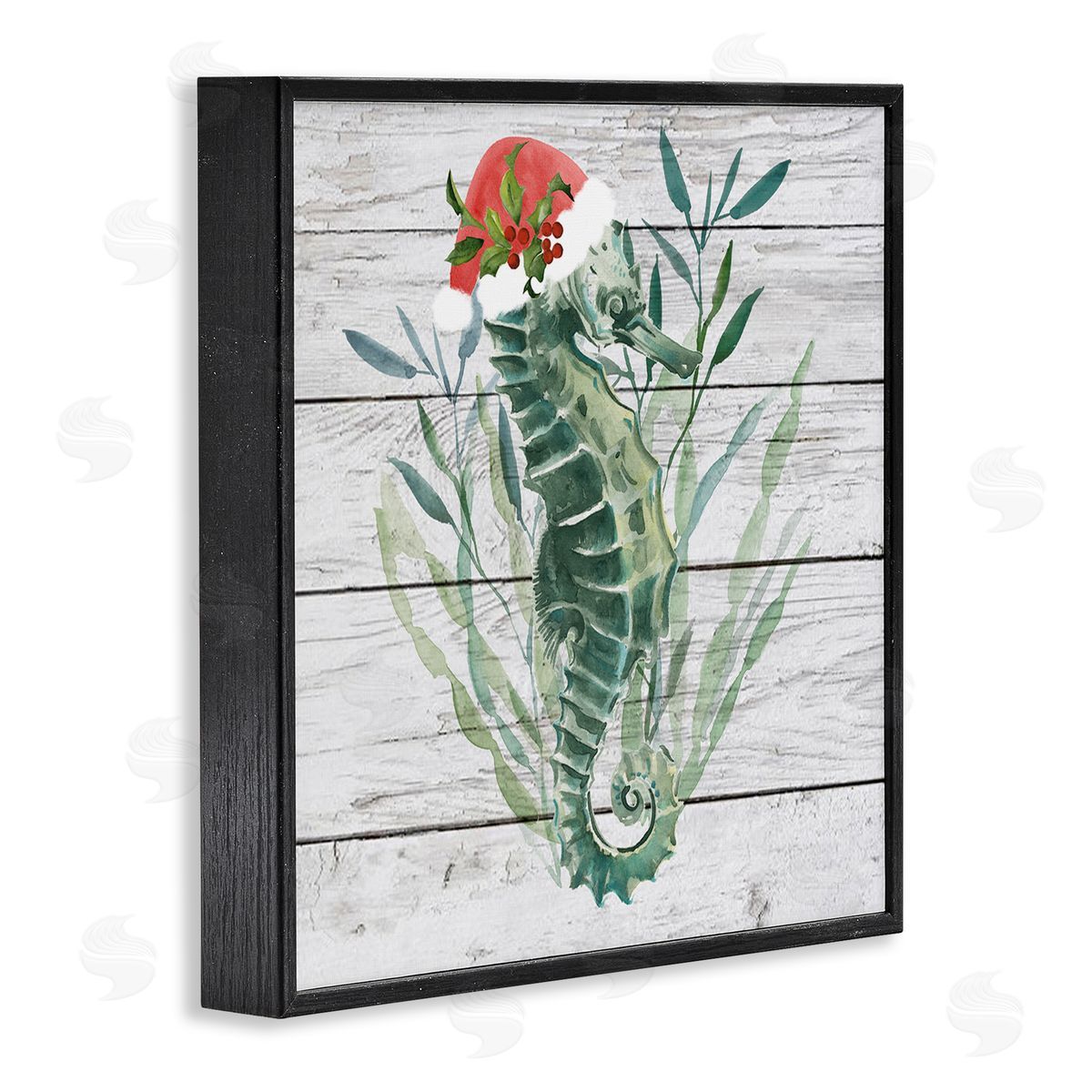 Christmas Seahorse with Santa Hat Black Frame Print Wall Art, Home Decor by Jennifer Paxton Parker