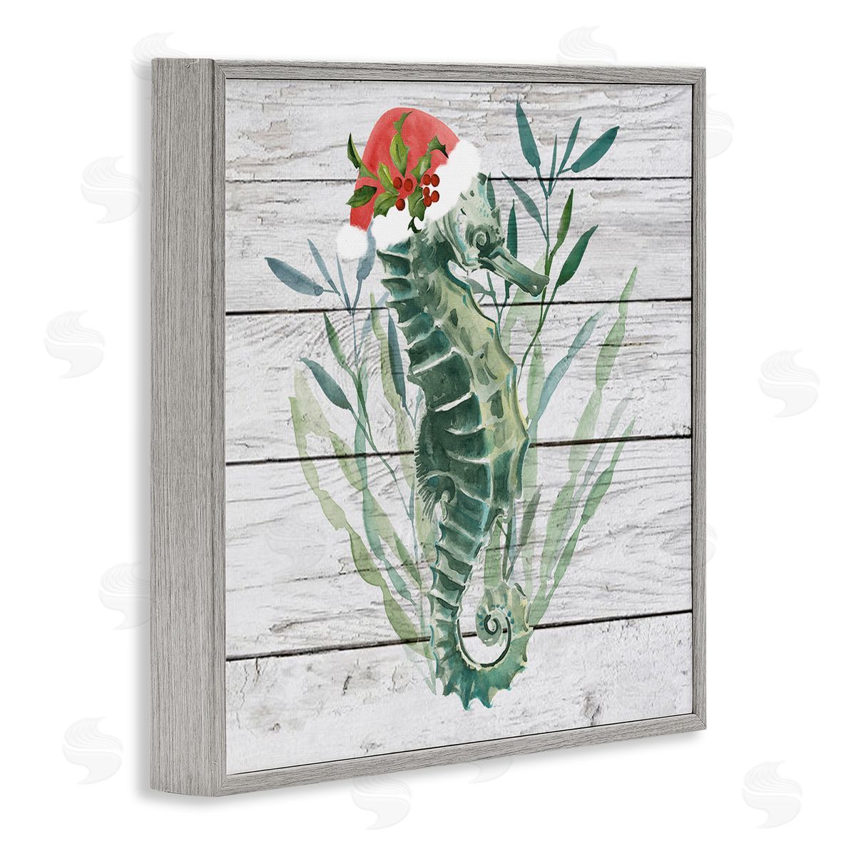 Christmas Seahorse with Santa Hat Grey Frame Print Wall Art, Home Decor by Jennifer Paxton Parker