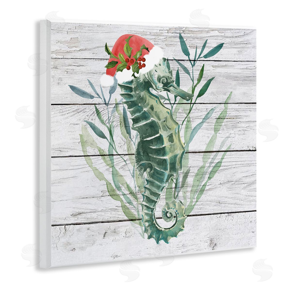 Christmas Seahorse with Santa Hat Wood Plaque Wall Art, Home Decor by Jennifer Paxton Parker