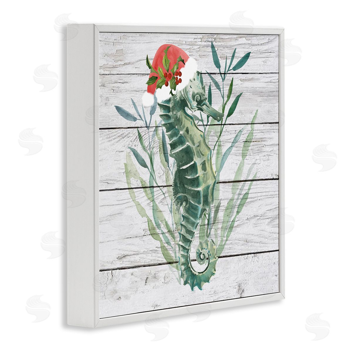 Christmas Seahorse with Santa Hat White Frame Print Wall Art, Home Decor by Jennifer Paxton Parker