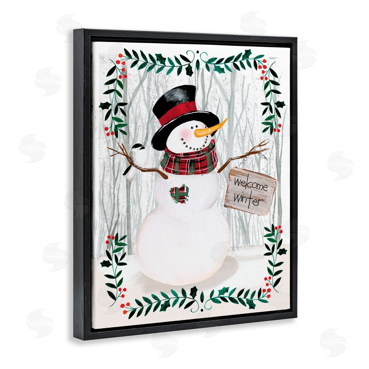 Jennifer Paxton Parker Winter Welcome Greeting Snowman Forest Holly Florals Black Floater Frame Canvas Art