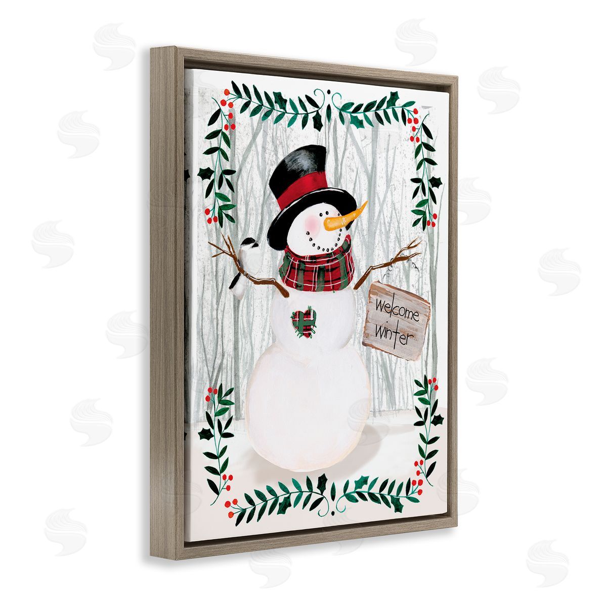 Jennifer Paxton Parker Winter Welcome Greeting Snowman Forest Holly Florals Brown Floater Frame Canvas Art