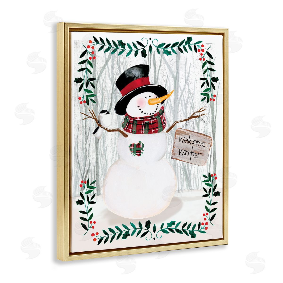 Jennifer Paxton Parker Winter Welcome Greeting Snowman Forest Holly Florals Gold Floater Frame Canvas Art