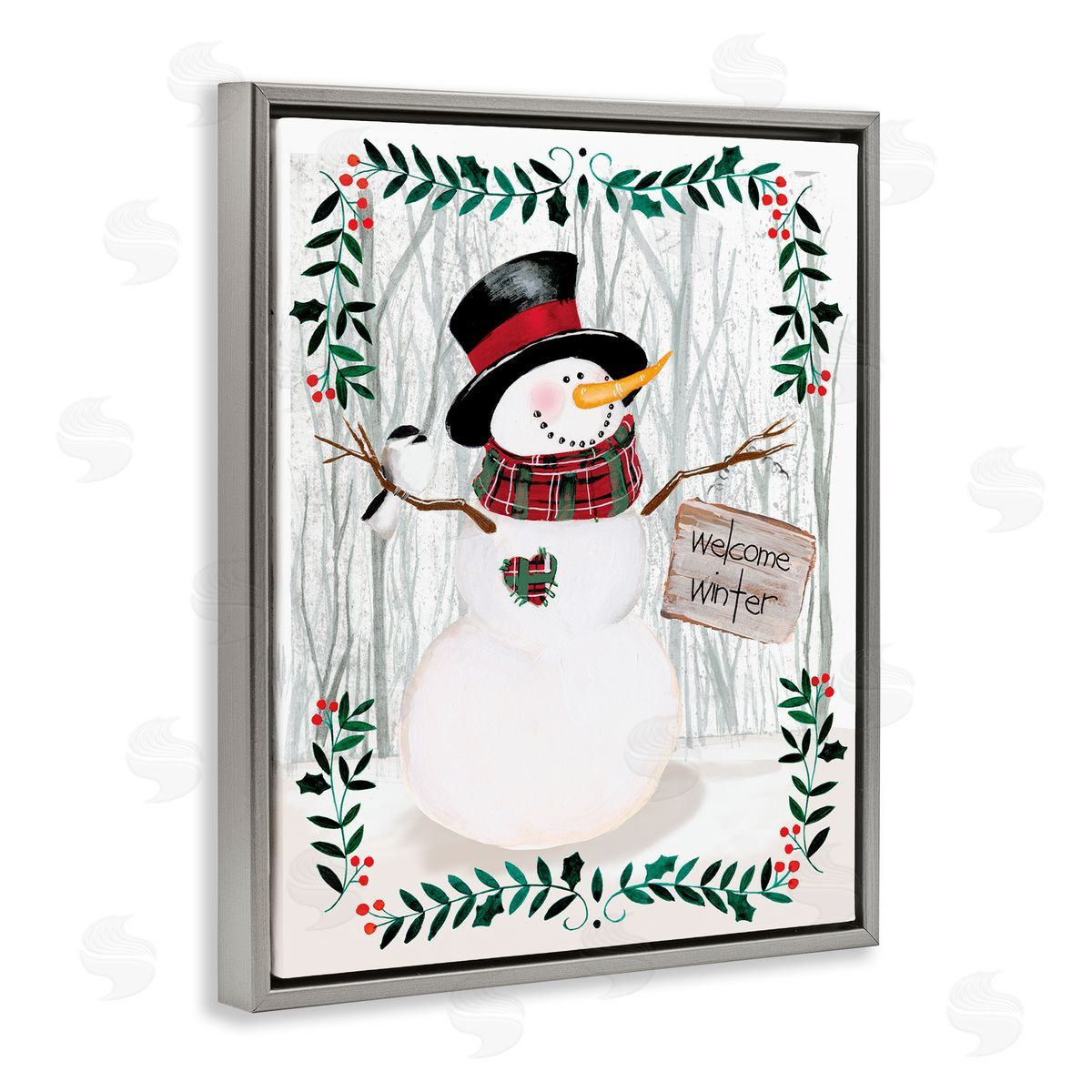 Jennifer Paxton Parker Winter Welcome Greeting Snowman Forest Holly Florals Gray Floater Frame Canvas Art