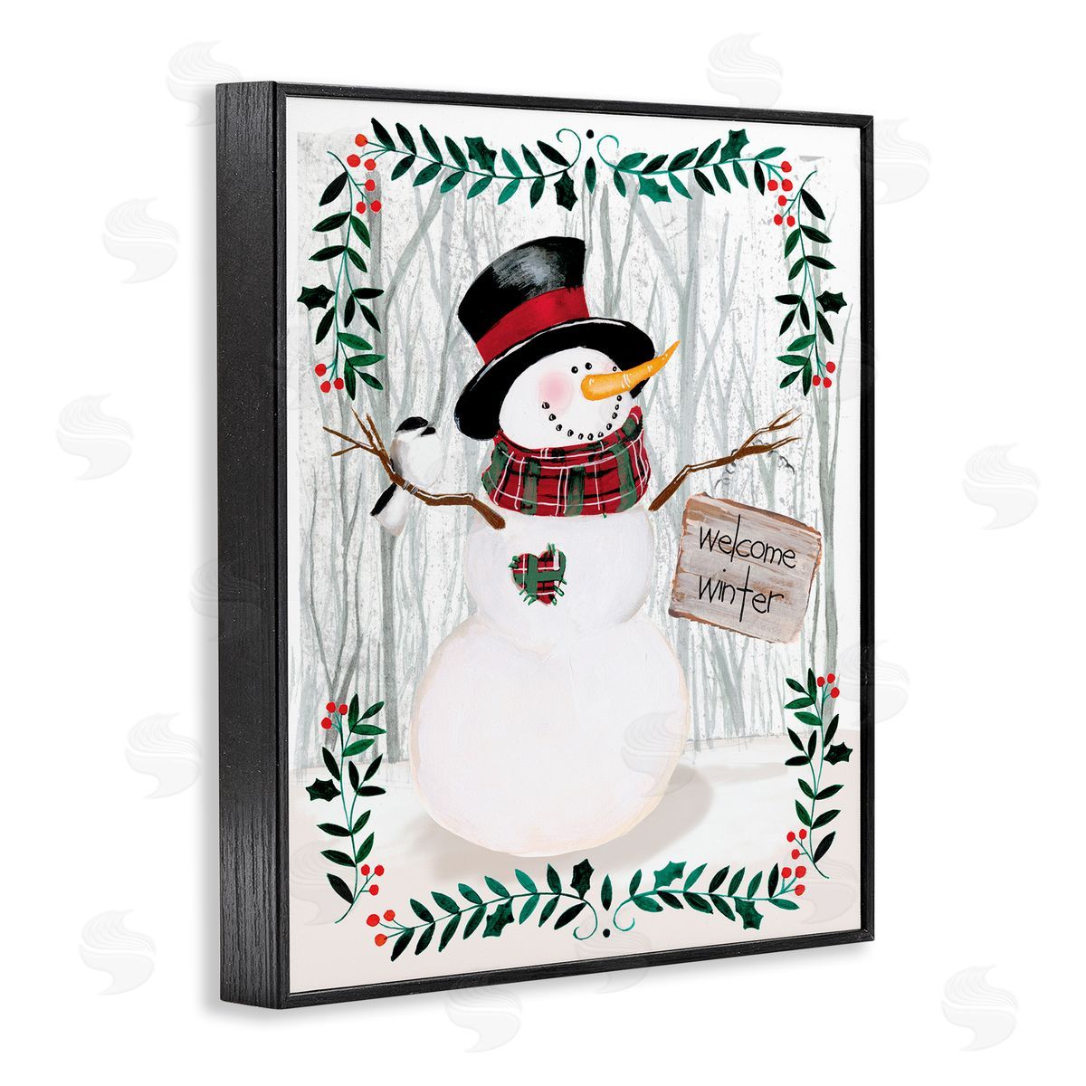 Jennifer Paxton Parker Winter Welcome Greeting Snowman Forest Holly Florals Black Framed Giclee Wall Art