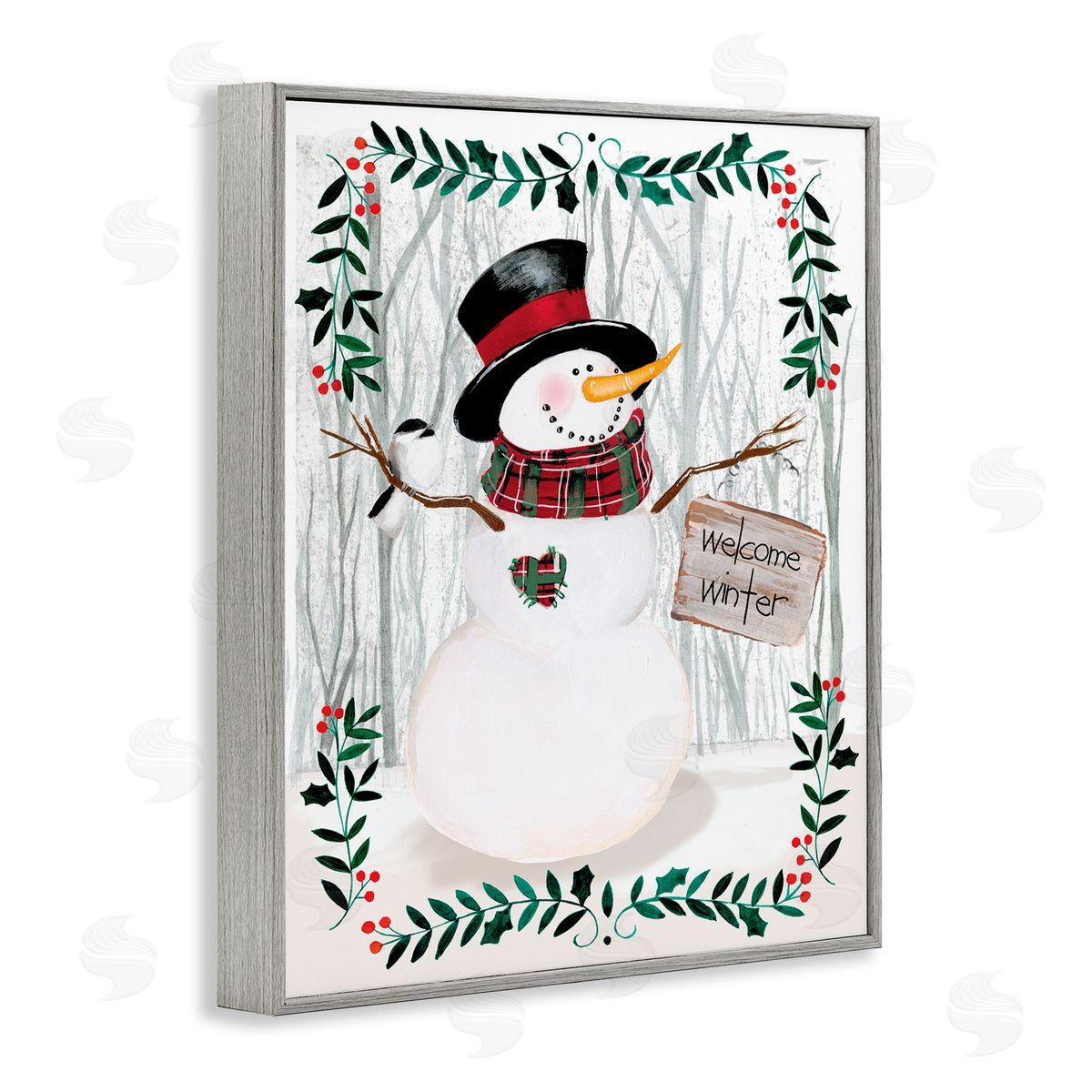 Jennifer Paxton Parker Winter Welcome Greeting Snowman Forest Holly Florals Gray Framed Giclee Wall Art