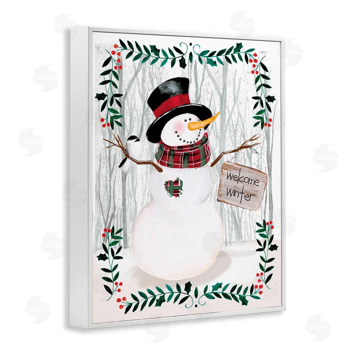 Jennifer Paxton Parker Winter Welcome Greeting Snowman Forest Holly Florals White Framed Giclee Wall Art
