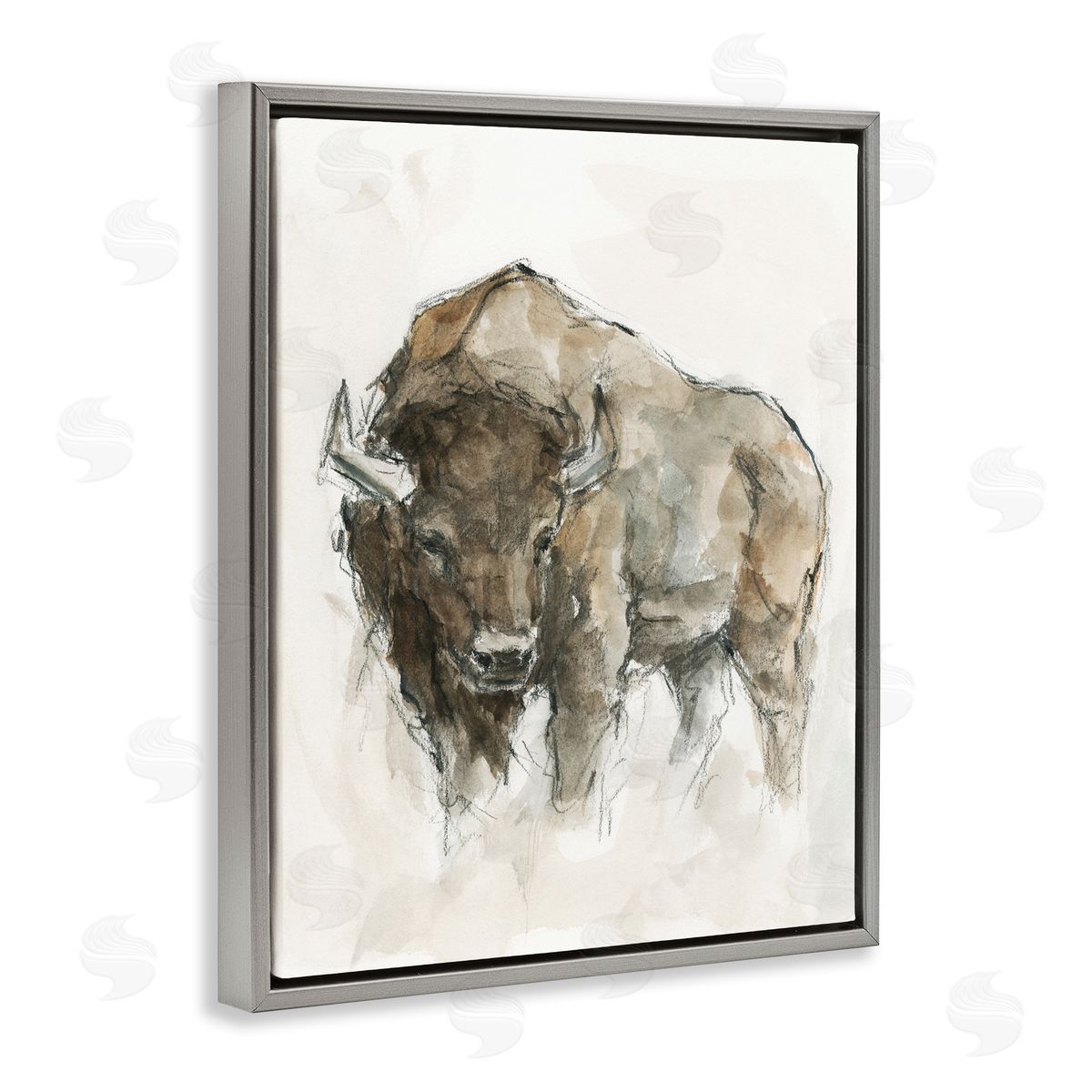 Western American Buffalo Grey Floating Frame Canvas Wall Art, Home Decor by Ethan Harper