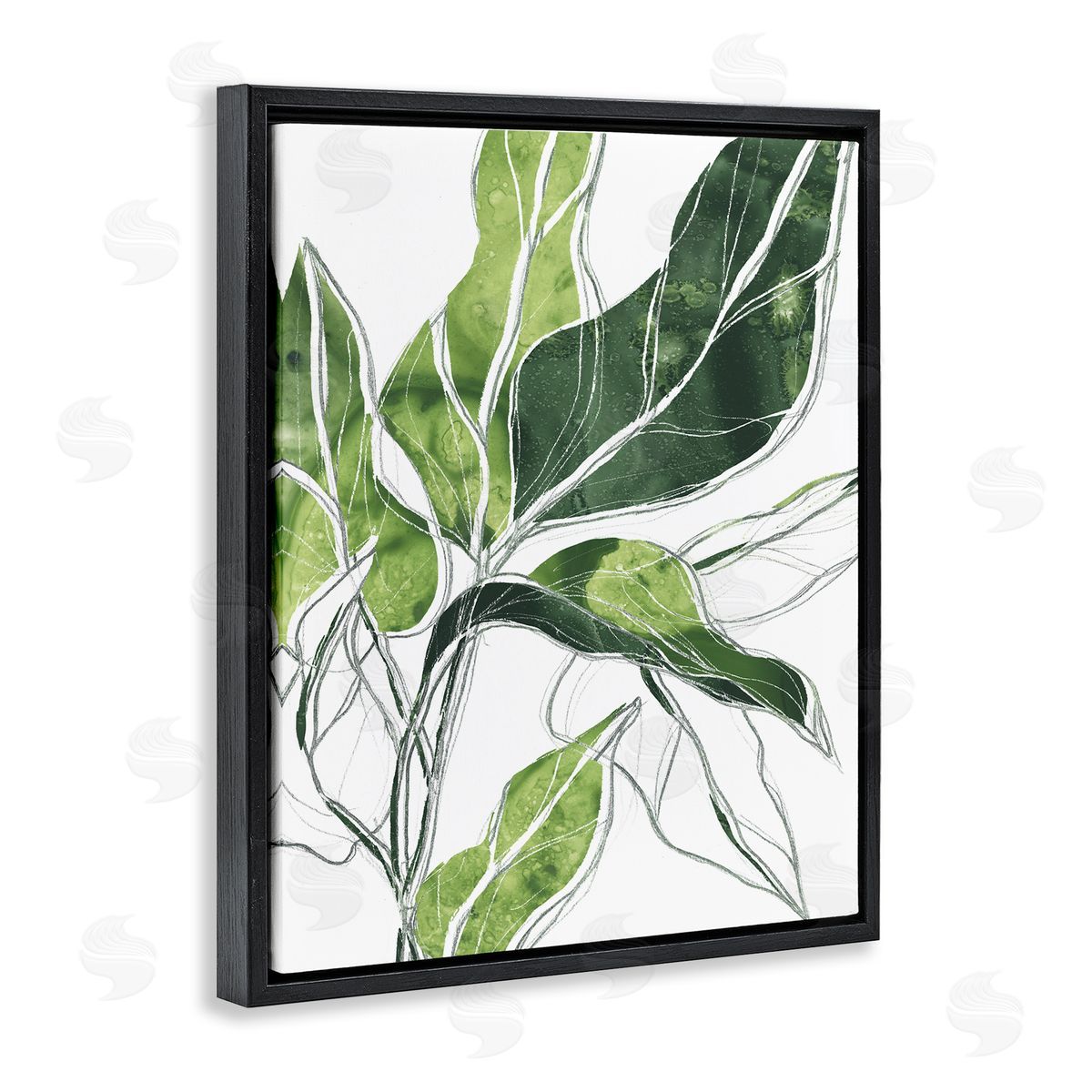 Expressive Palm Leaf Linework Black Floating Frame Canvas Wall Art, Home Decor by June Erica Vess