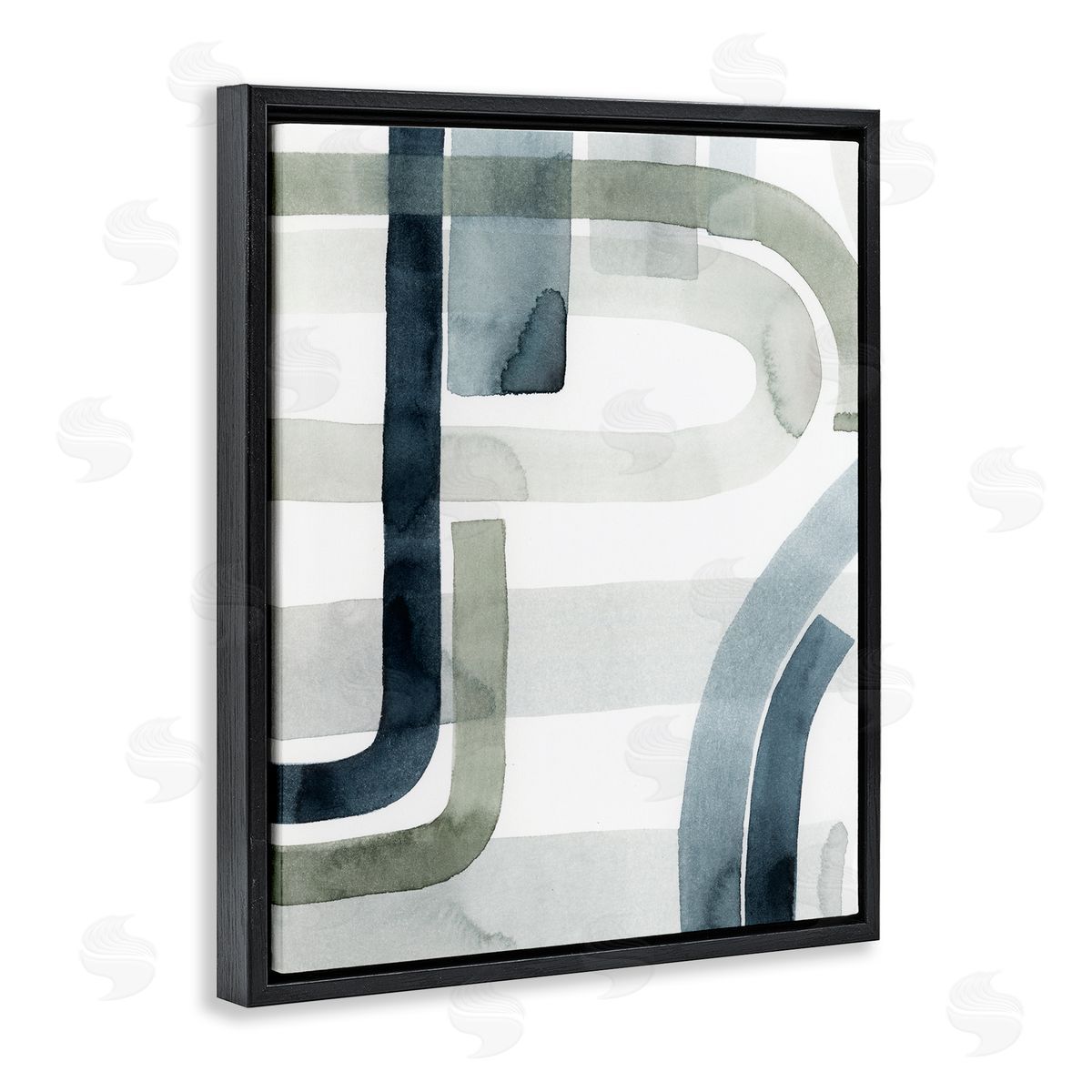 Grace Popp Dark Blue Green Linework Abstract Swoop Design Black Floater Frame Canvas Art