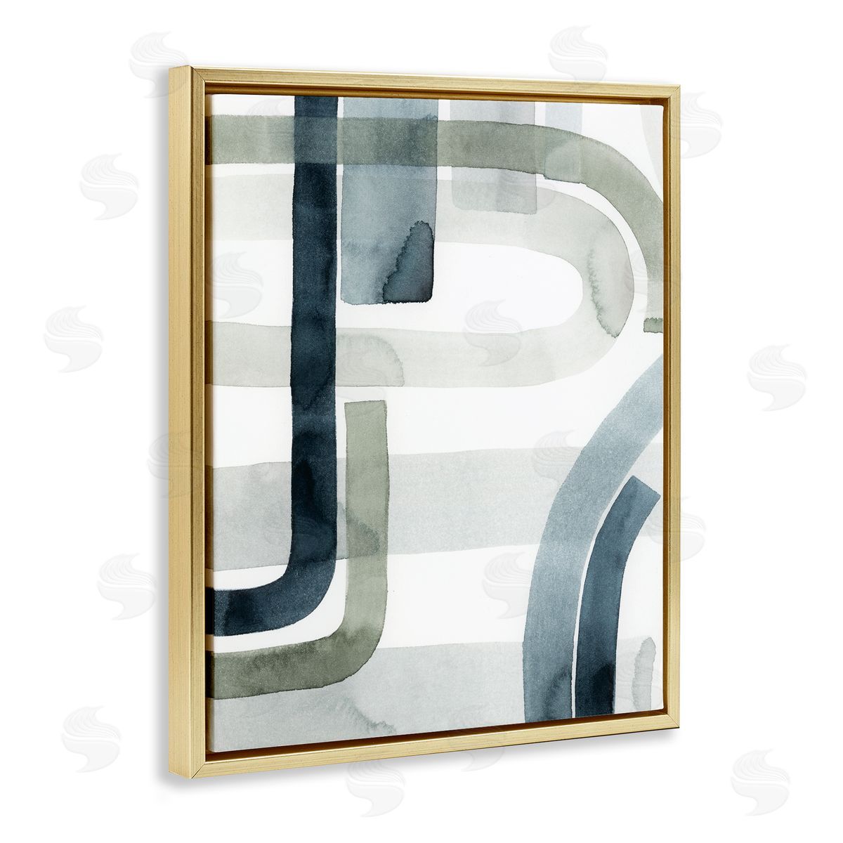 Grace Popp Dark Blue Green Linework Abstract Swoop Design Gold Floater Frame Canvas Art