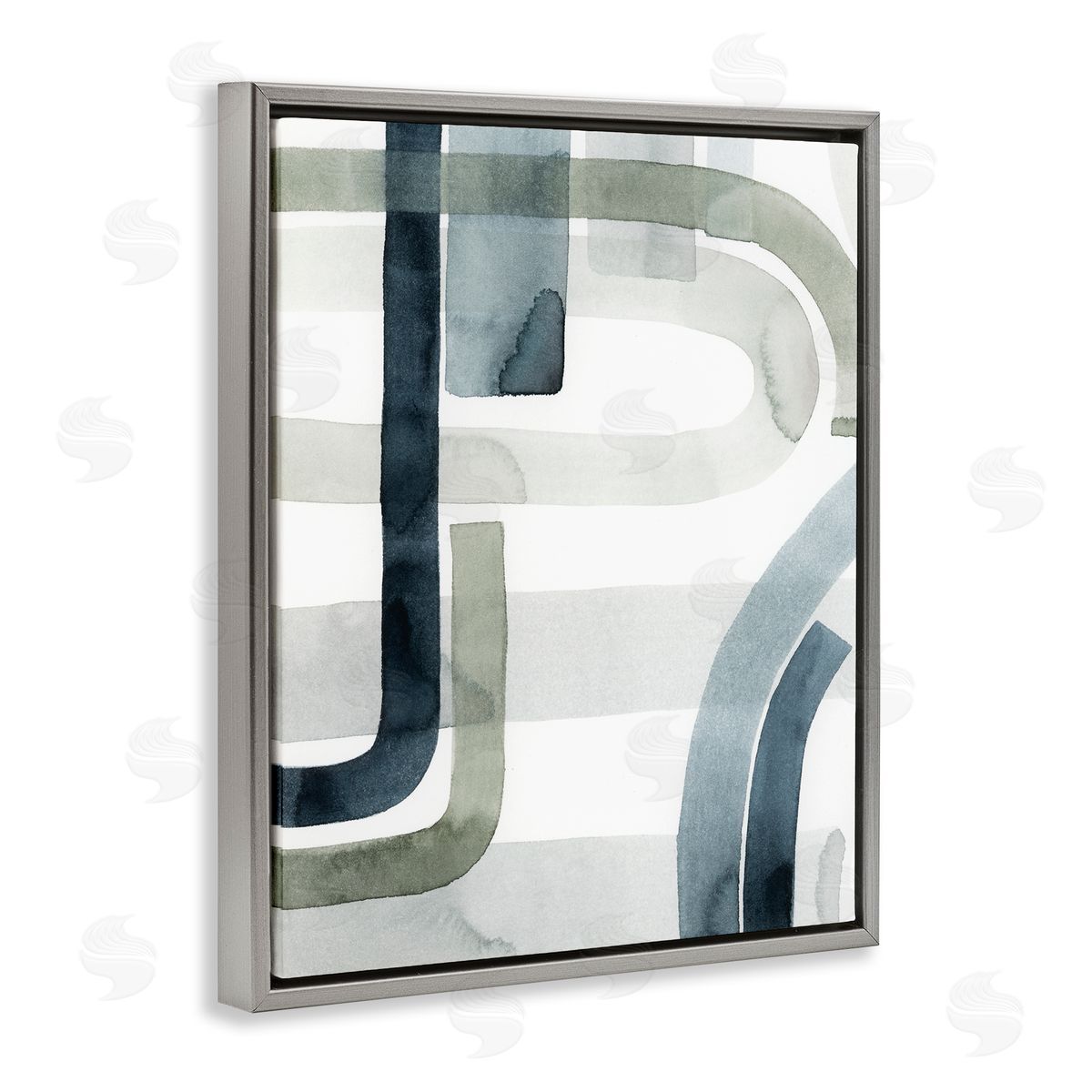 Grace Popp Dark Blue Green Linework Abstract Swoop Design Gray Floater Frame Canvas Art