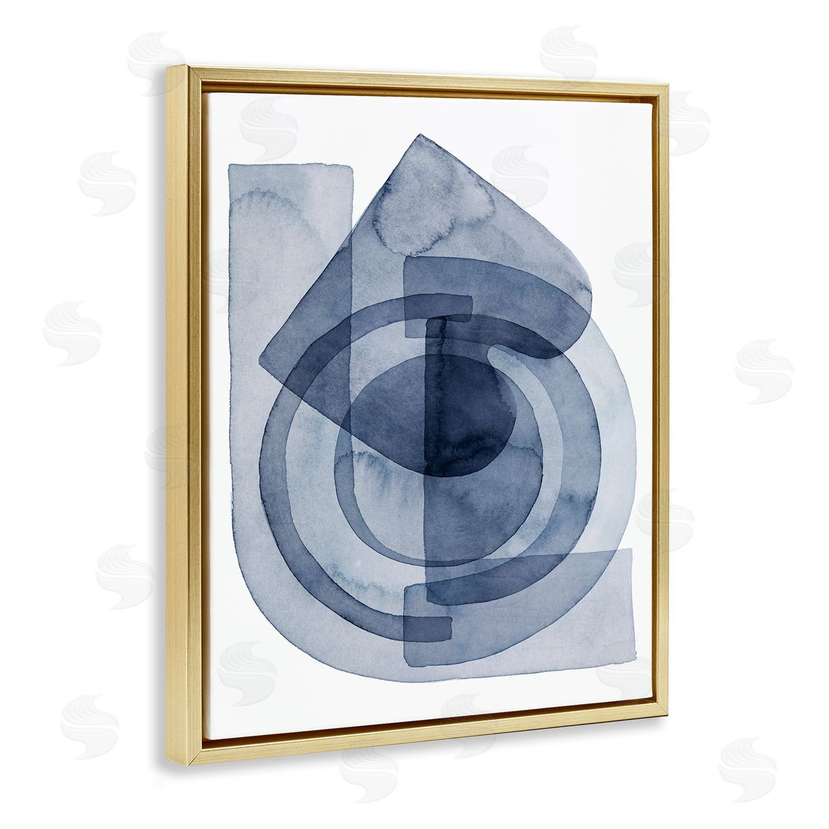 Grace Popp Layered Blue Opaque Shapes Central Circle Abstract Gold Floater Frame Canvas Art