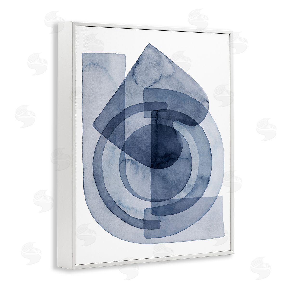 Grace Popp Layered Blue Opaque Shapes Central Circle Abstract White Framed Giclee Wall Art