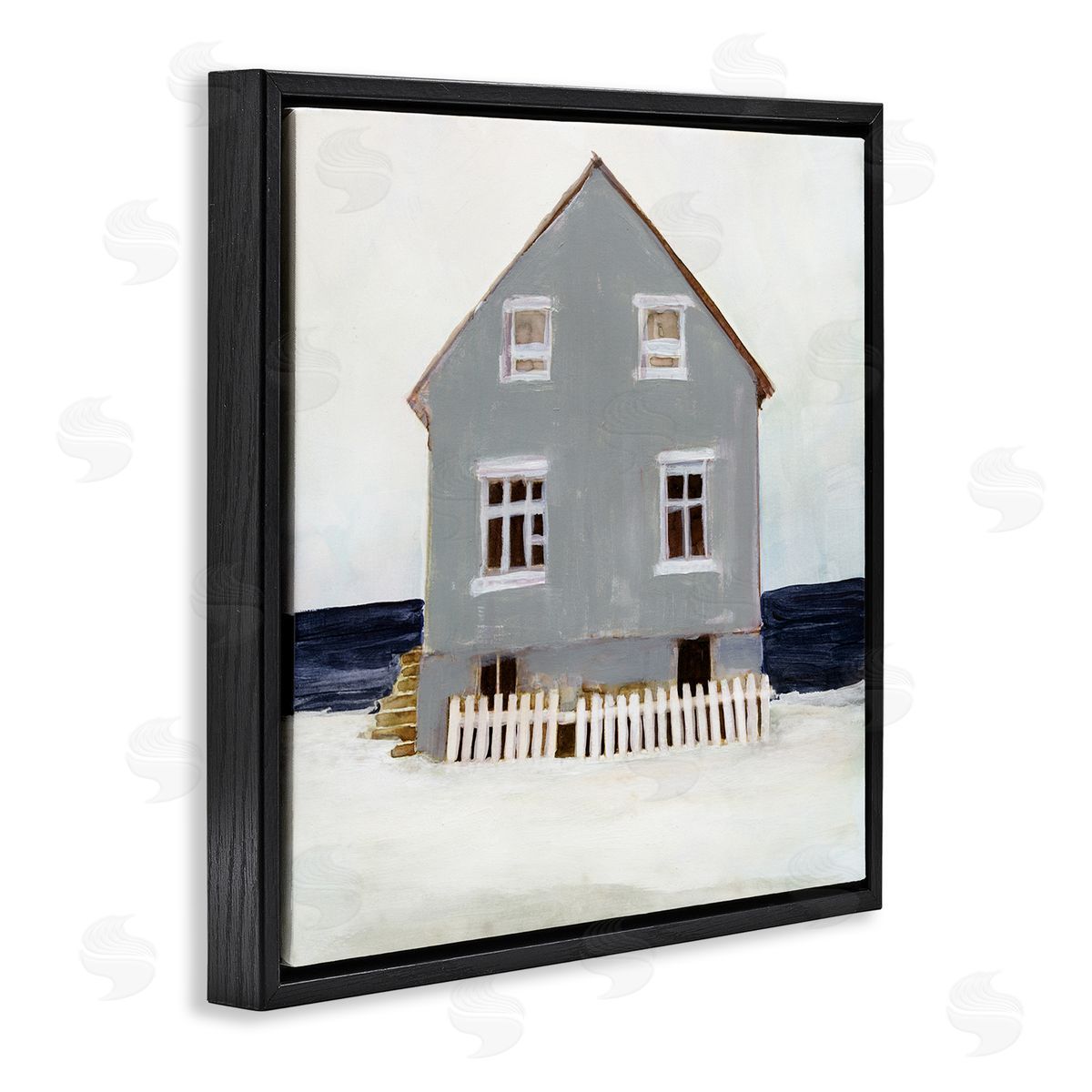 Winter Beach House Landscape Black Floating Frame Canvas Wall Art, Home Decor by Stellar Design Studio