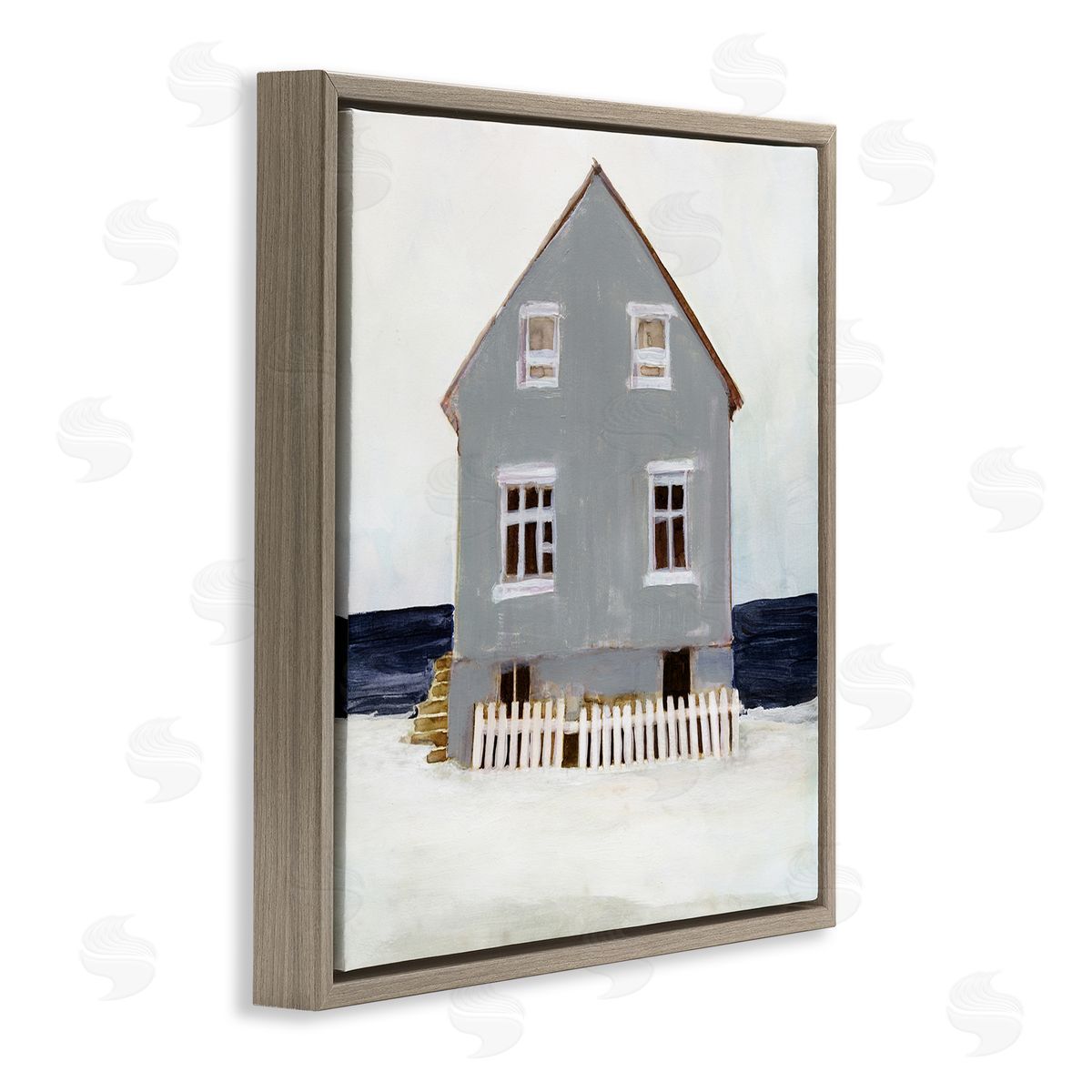 Winter Beach House Landscape Brown Floating Frame Canvas Wall Art, Home Decor by Stellar Design Studio
