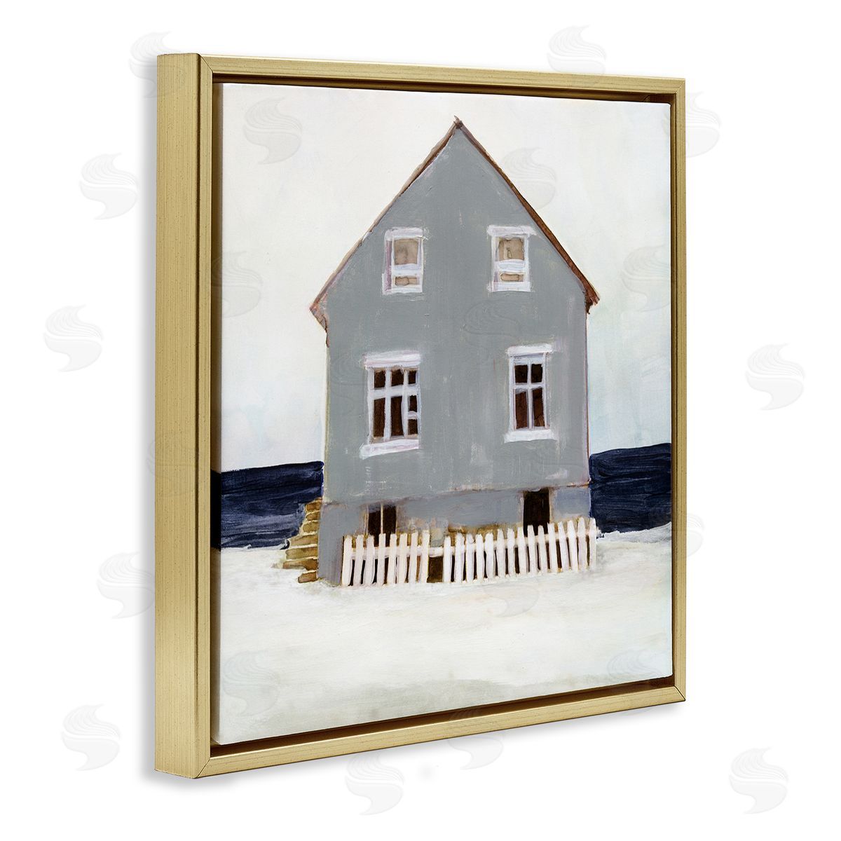 Winter Beach House Landscape Gold Floating Frame Canvas Wall Art, Home Decor by Stellar Design Studio