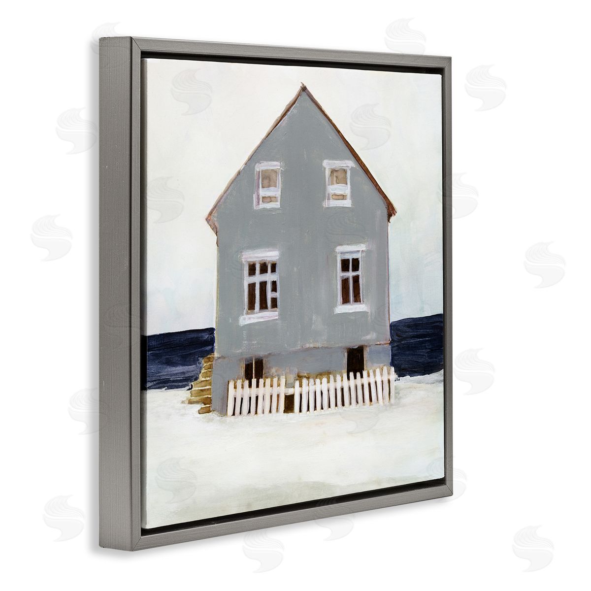 Winter Beach House Landscape Grey Floating Frame Canvas Wall Art, Home Decor by Stellar Design Studio