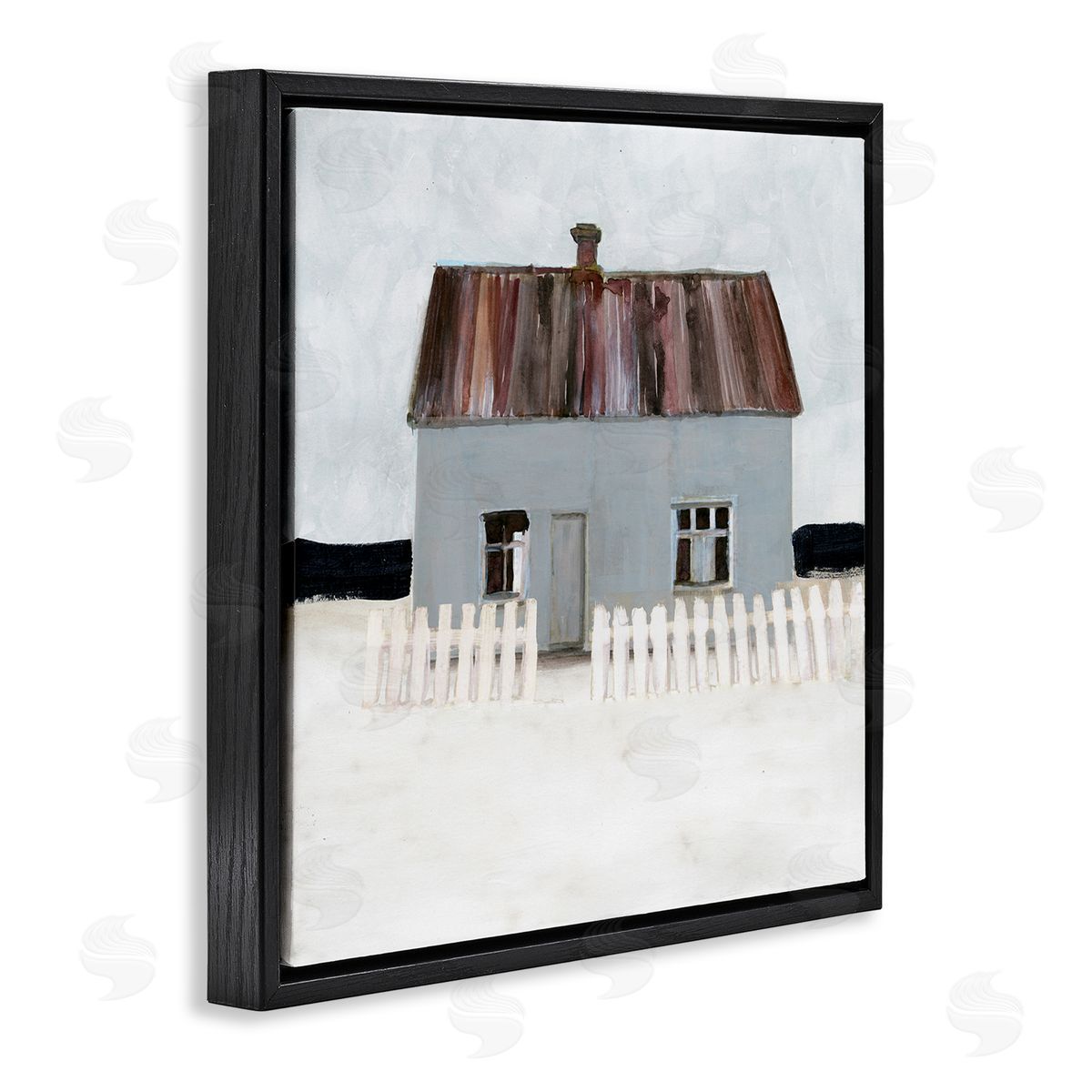 Stellar Design Studio Rustic Winter Beach House Coastal Landscape Black Floater Frame Canvas Art