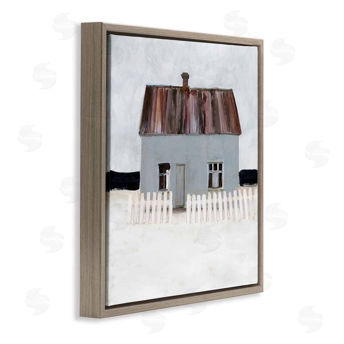 Stellar Design Studio Rustic Winter Beach House Coastal Landscape Brown Floater Frame Canvas Art